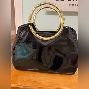 Patent Black Handbag with Gold Accents